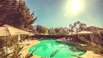 Outdoor pool, open 11:00 AM to 8:00 PM, pool umbrellas, sun loungers