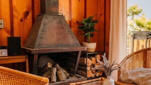 Une pièce chaleureuse avec un poêle à bois, des meubles en osier et une plante.