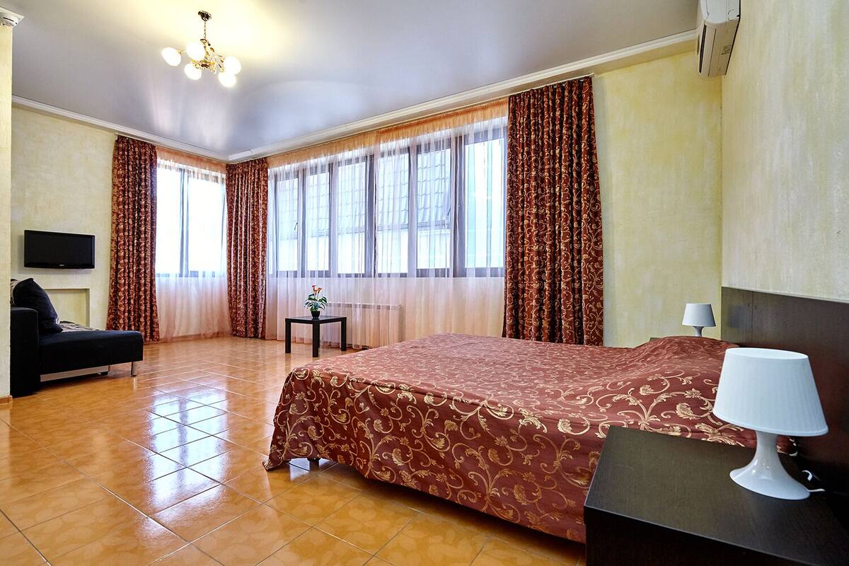 Habitación de hotel con una cama grande, televisor, una mesita con una planta y una lámpara.