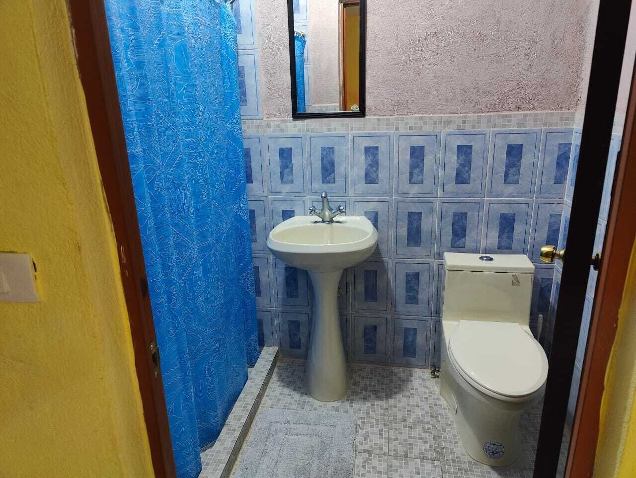 A bathroom with a pedestal sink, toilet, and a mirror above the sink.