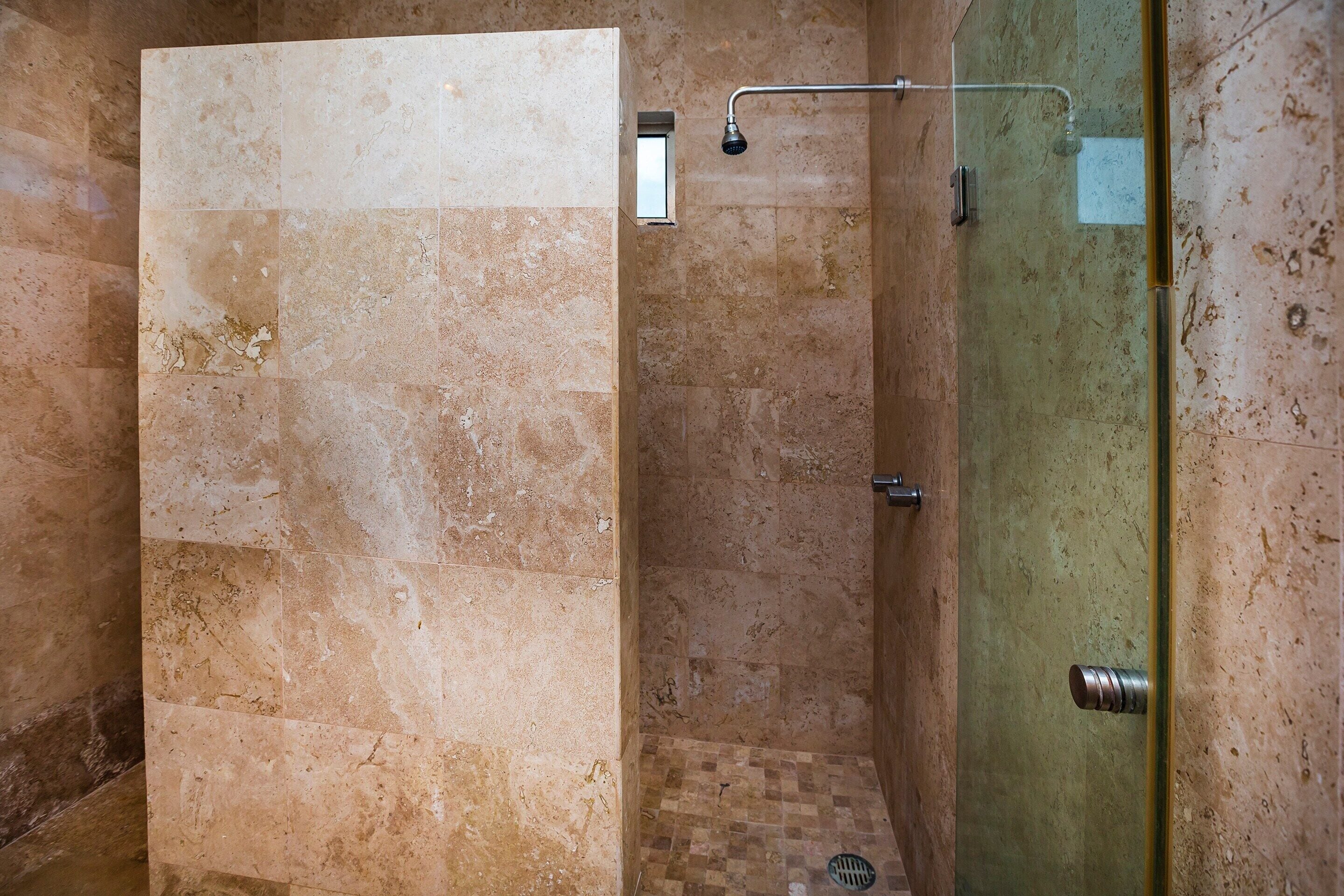 family room | bathroom | shower, free toiletries, towels, shampoo