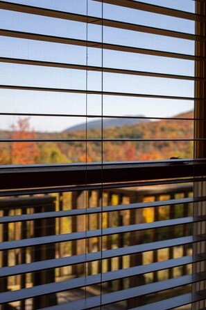 A window with horizontal blinds, a view of a mountainous landscape with autumn foliage, and a railing outside.