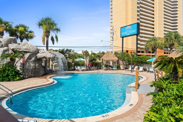 Outdoor pool, pool umbrellas, pool loungers