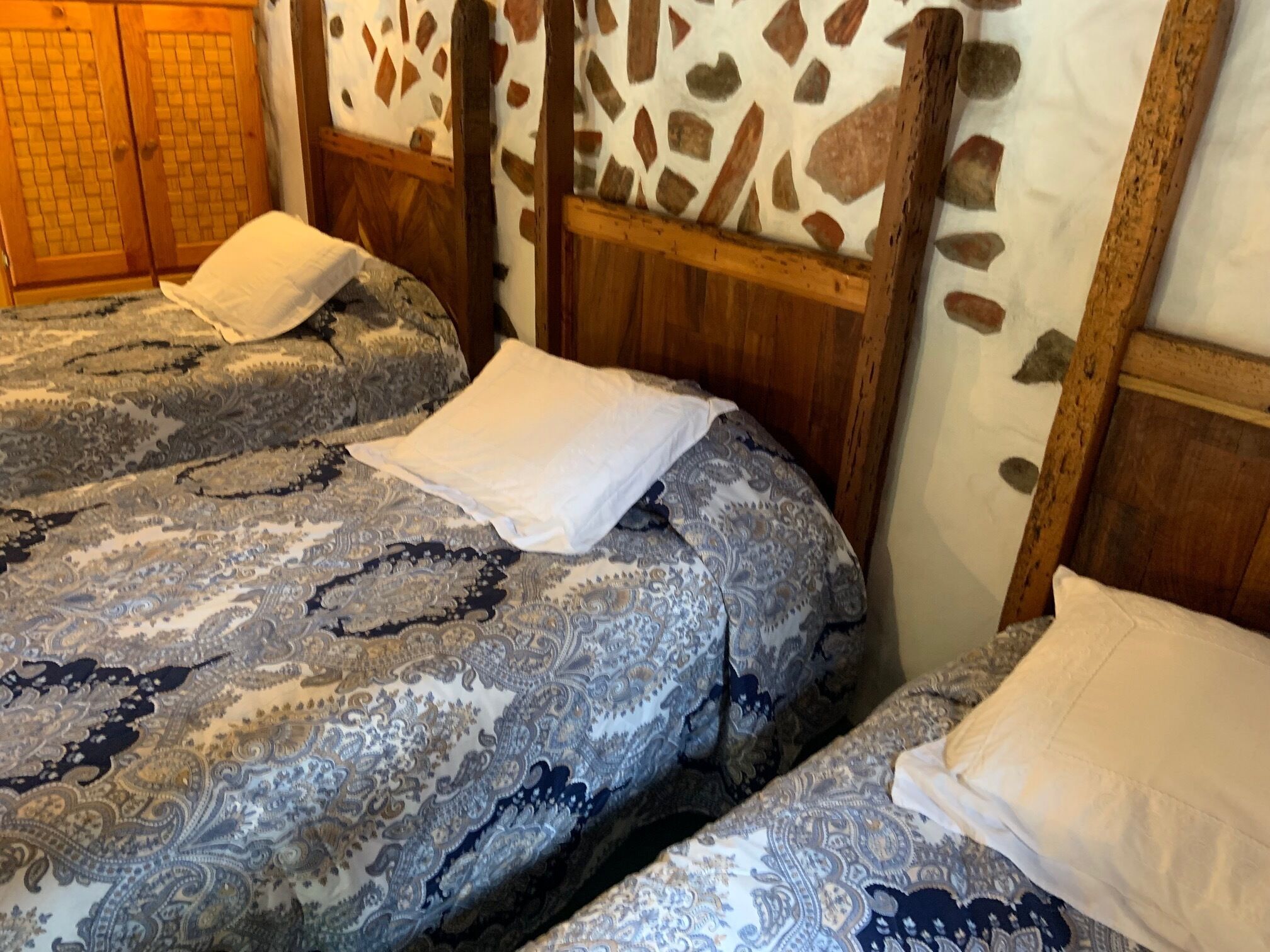 Habitación con dos camas, cada una con ropa de cama estampada y almohadas blancas.