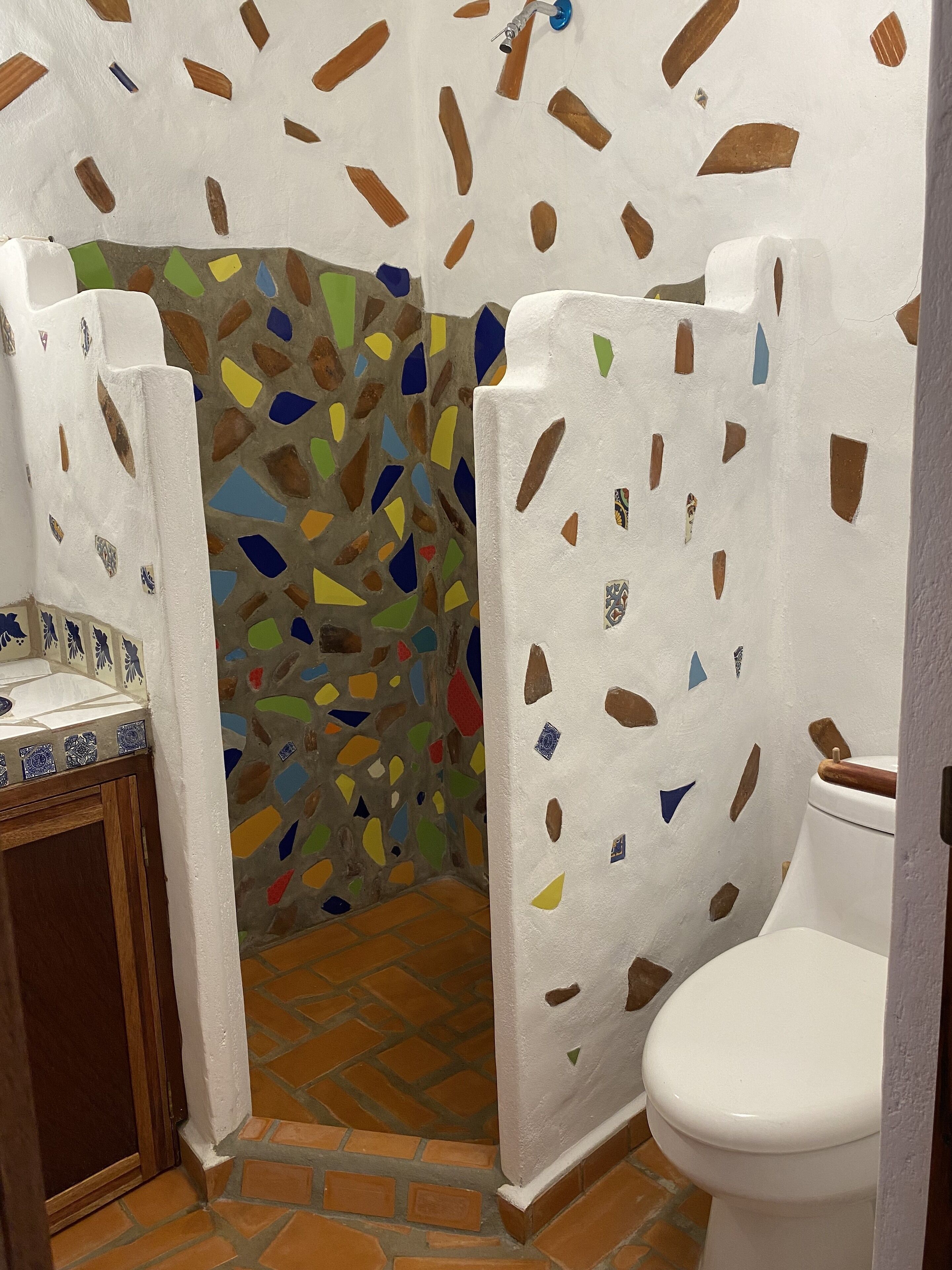 A bathroom with a mosaic wall, a shower area, and a toilet.