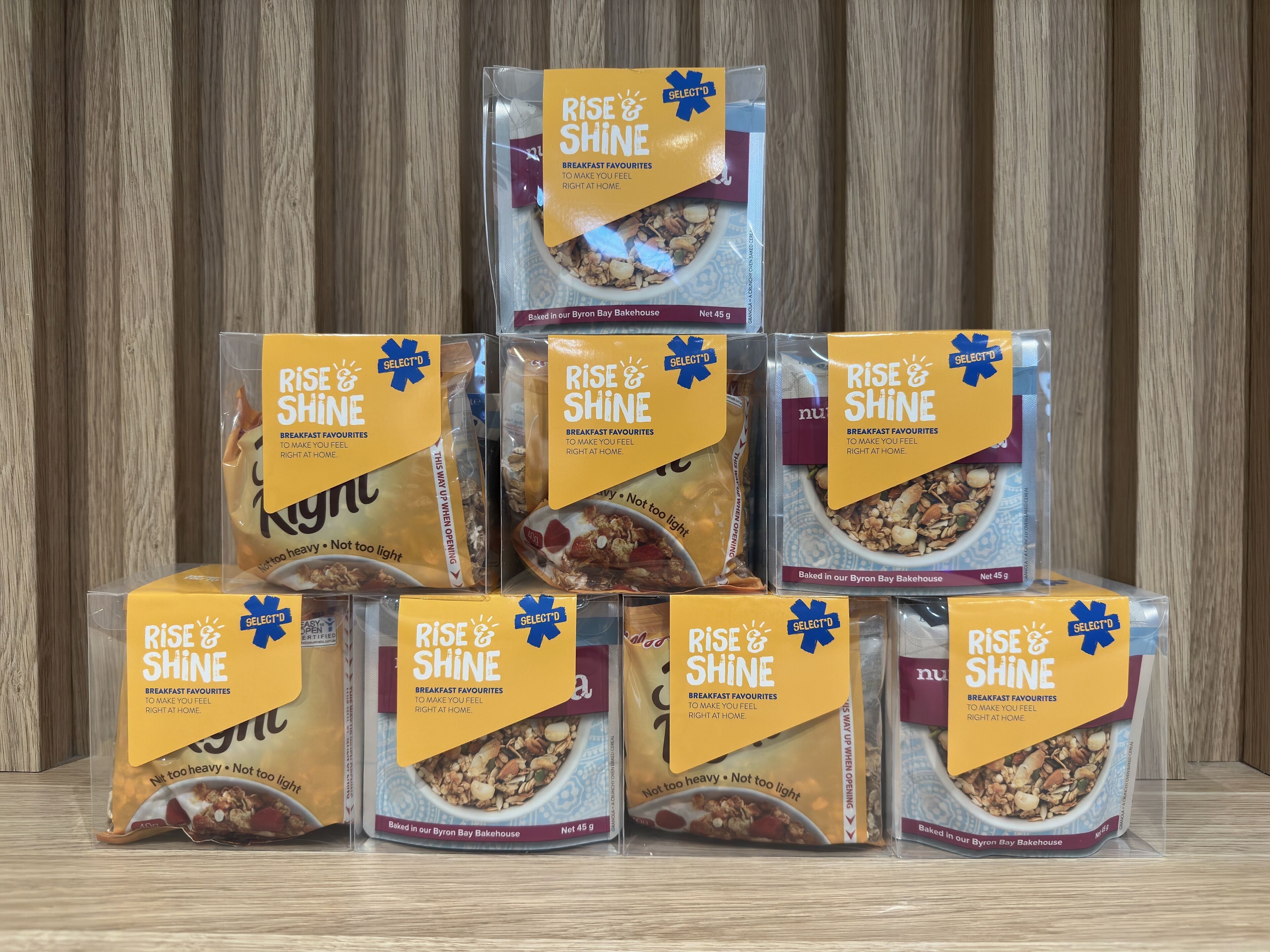 A display of Rise & Shine breakfast cereals in a store.