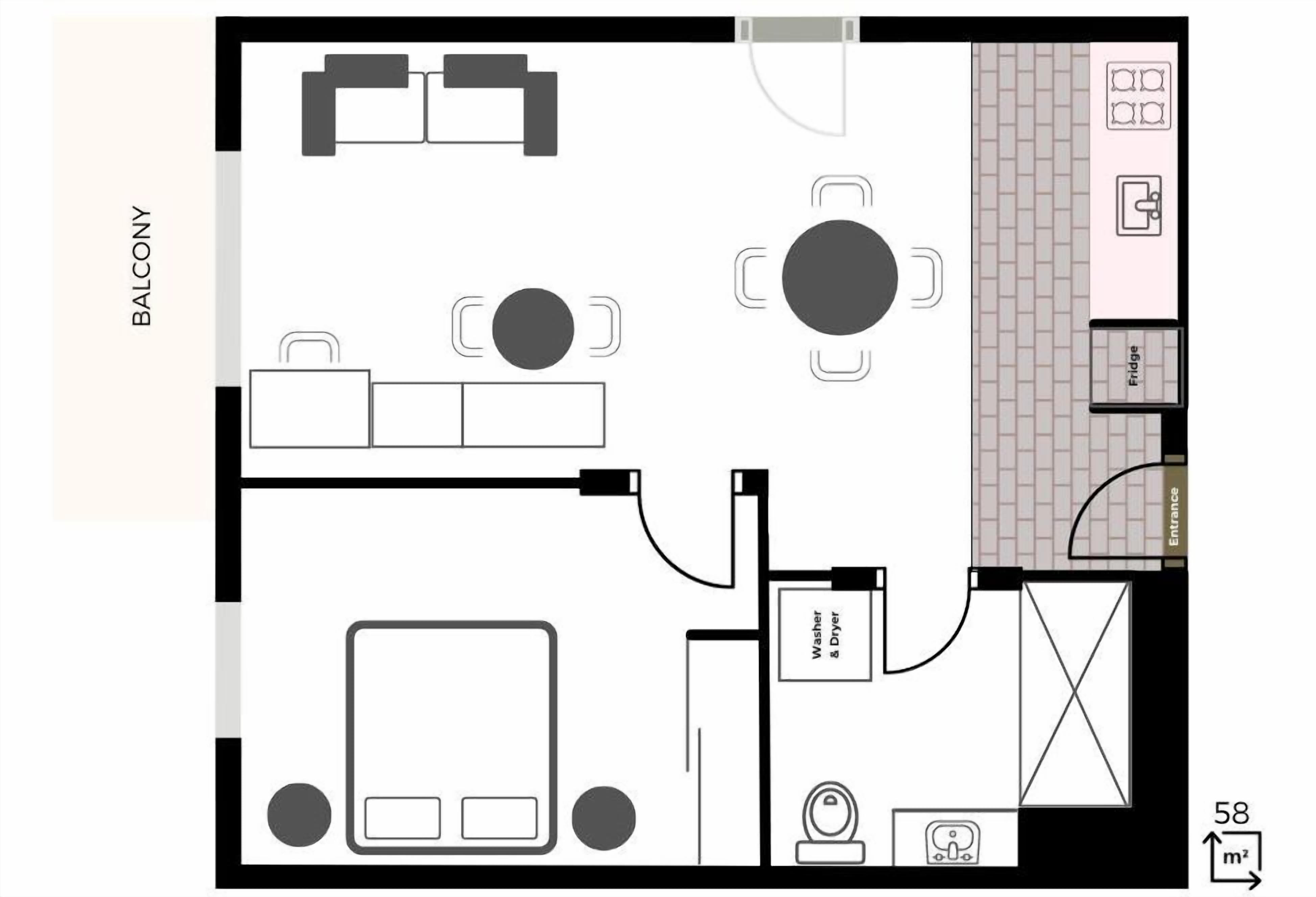 Een plattegrond van een hotelkamer met balkon, een eethoek, een keuken en een badkamer.
