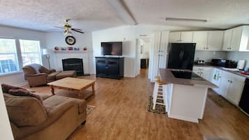 Televisión, chimenea, videojuegos, estéreo