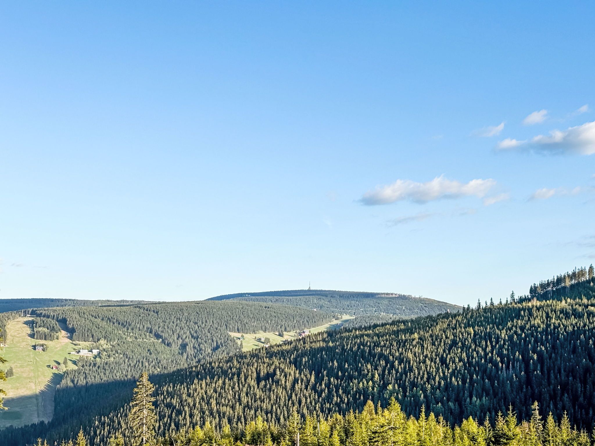 Eine Berglandschaft mit dichten Wäldern und blauem Himmel.