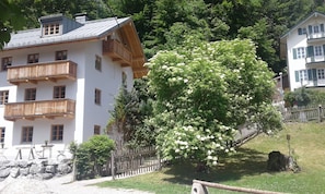 Ein mehrstöckiges Gebäude mit Balkonen, einem blühenden Baum und einer Steinmauer.