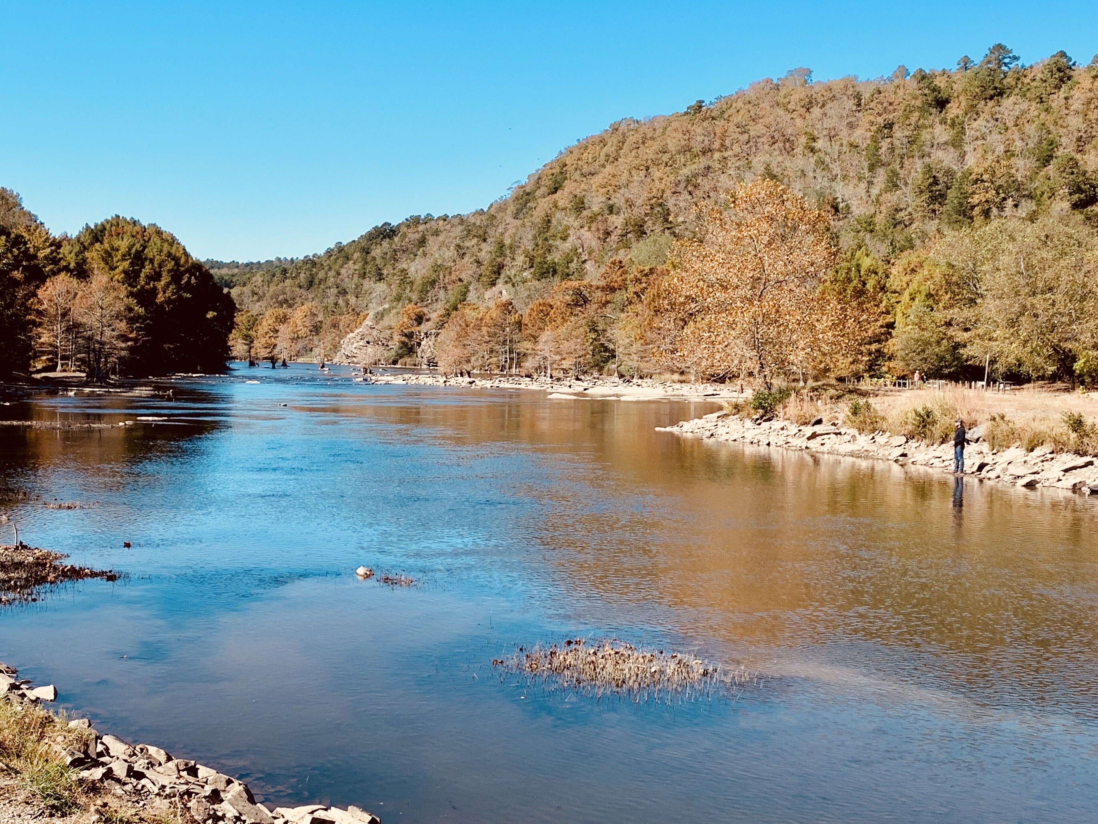 A river with a rocky shoreline and trees in the background.