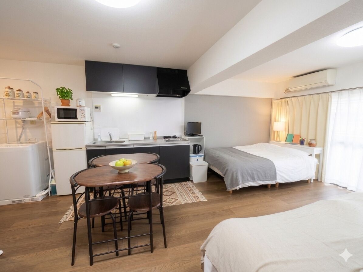 A compact hotel room with a kitchenette, a dining area, and a bed.
