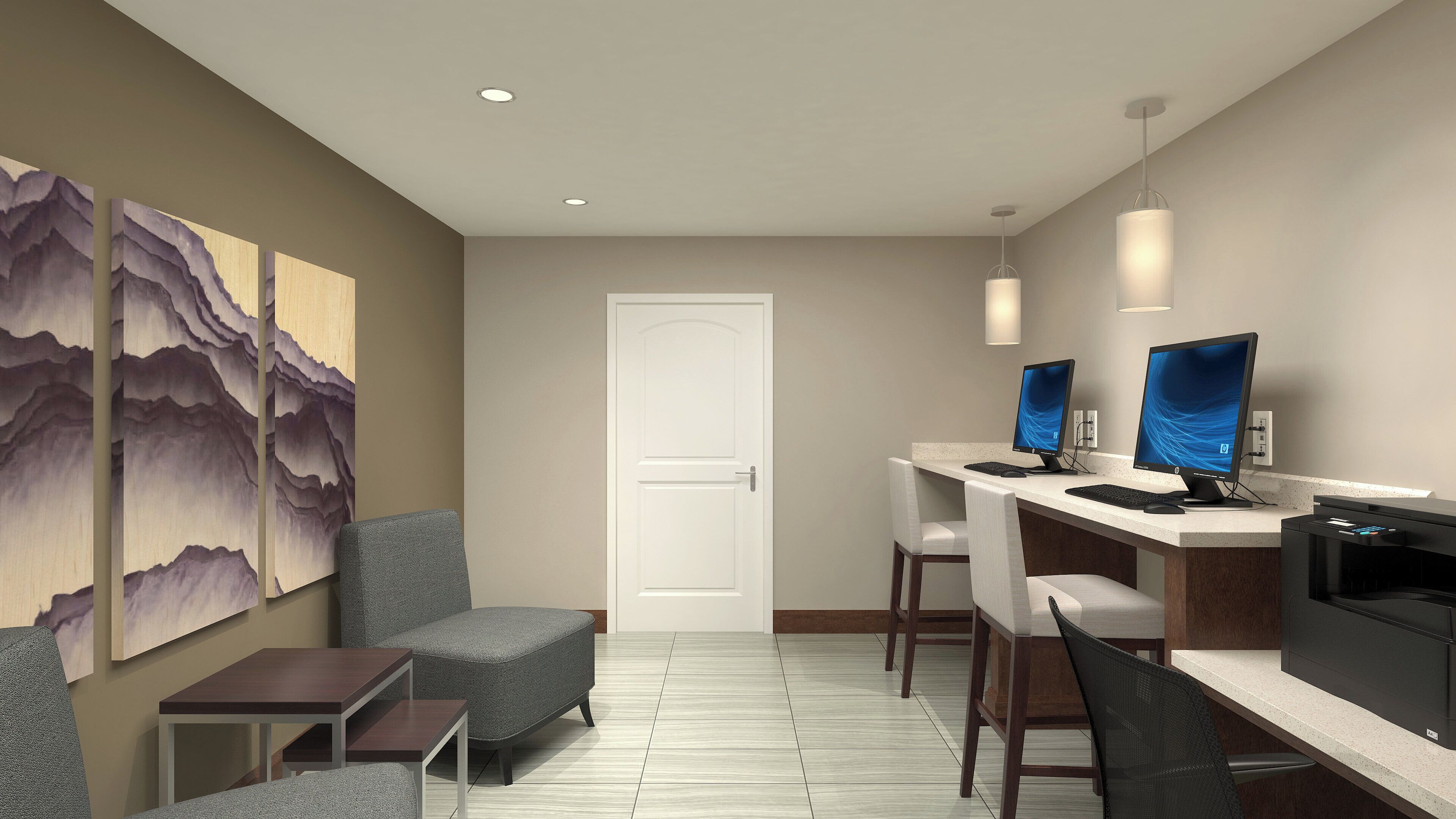 A hotel room with a desk, two chairs, a TV, and artwork on the wall.