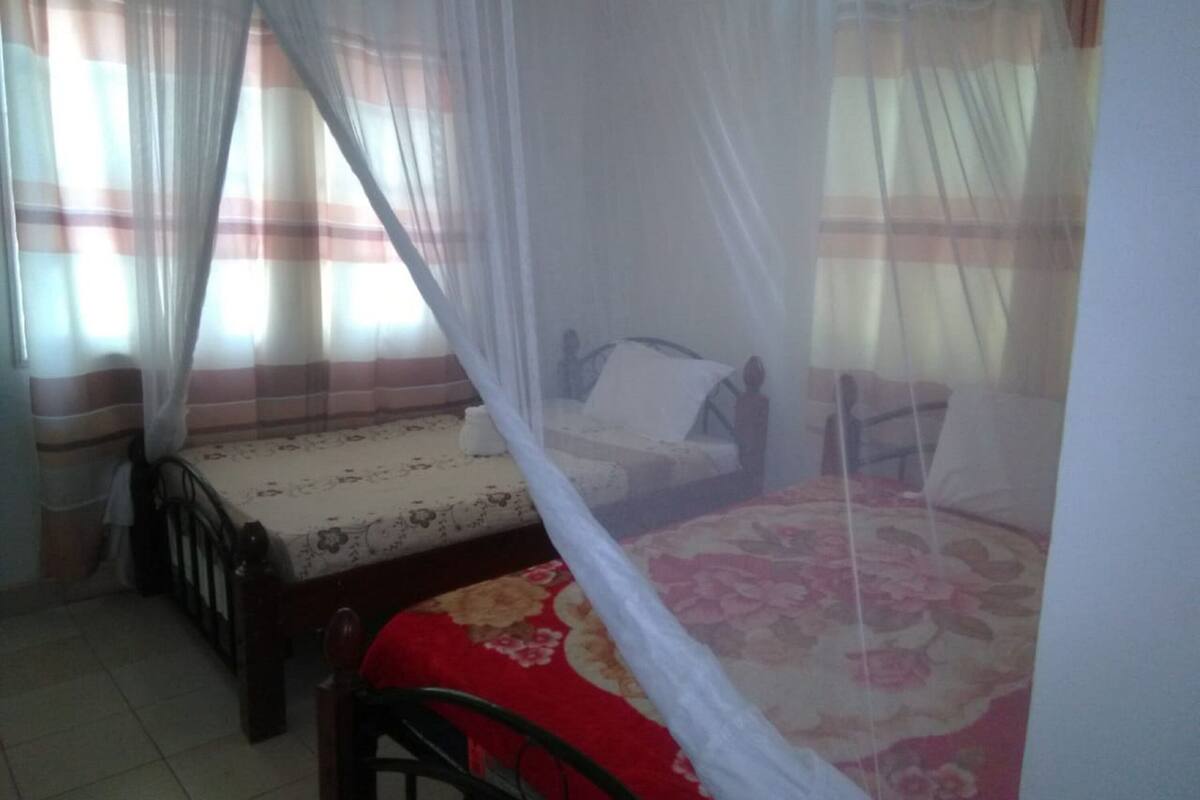 Une chambre avec un lit recouvert d’une moustiquaire, une table de chevet et une fenêtre avec des rideaux.