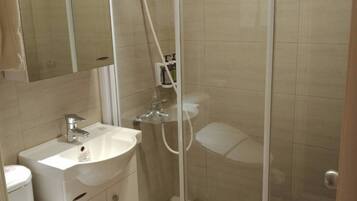 Een badkamer met een douche met glazen wand, een wastafel, toilet en spiegel.