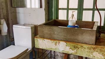 A rustic bathroom with a wooden floor, a white toilet, a green-framed window, and a sink with a bottle on it.