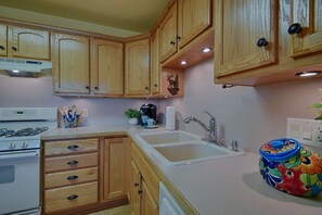 Fridge, microwave, dishwasher, coffee/tea maker