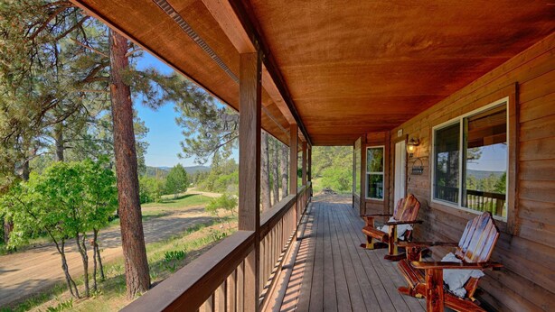 A wooden porch with a view of a forest and a road. - Wraparound Deck, Stunning Mountain Views, Near Downtown Pagosa & Wolf Creek Ski Area (Pagosa Springs)