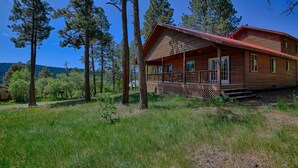 A wooden cabin with a porch, surrounded by tall pine trees and a clear sky. - Wraparound Deck, Stunning Mountain Views, Near Downtown Pagosa & Wolf Creek Ski Area (Pagosa Springs)
