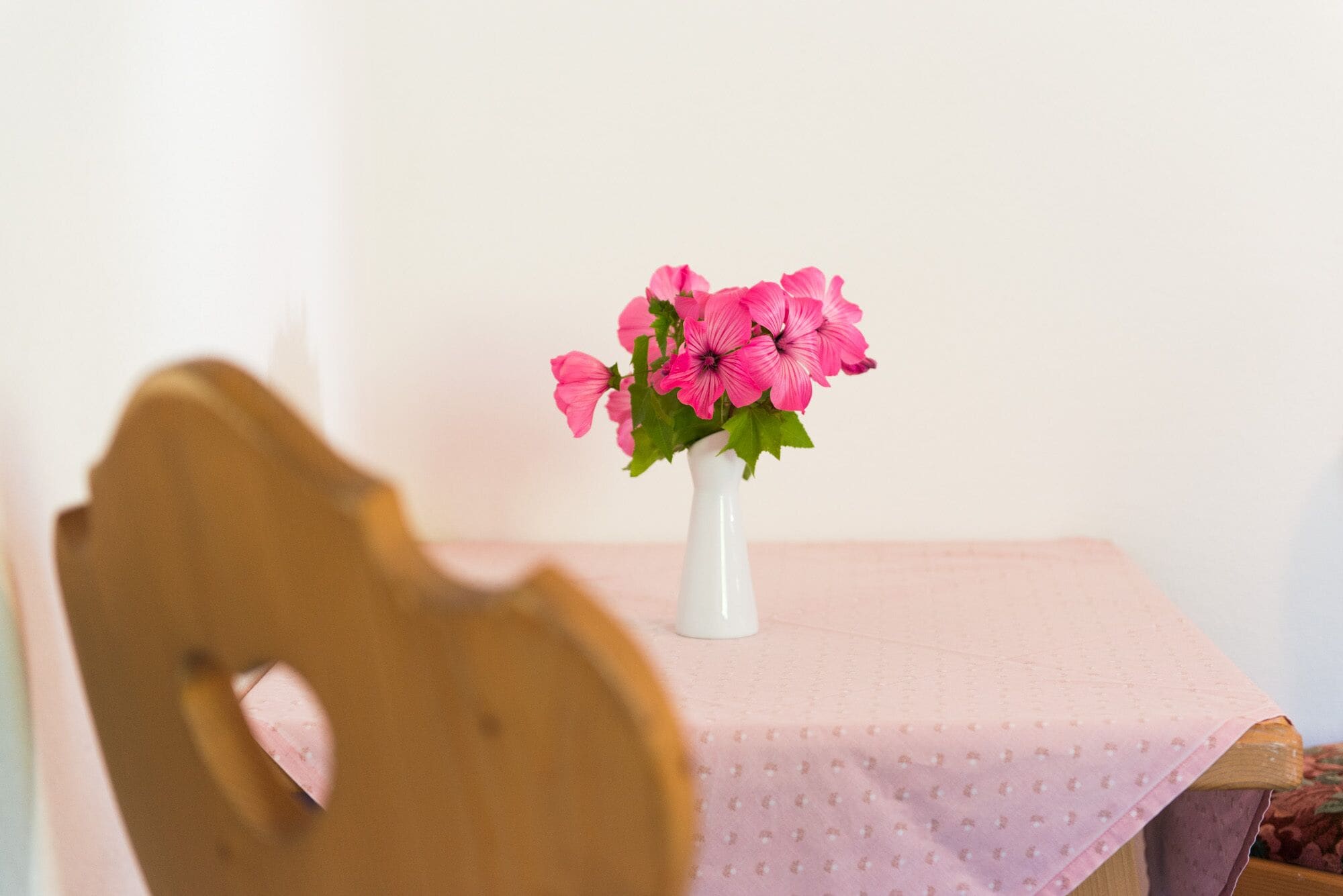 A table with a white vase containing pink flowers, a wooden chair in the foreground, and a pink tablecloth.