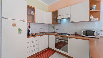 Fridge, microwave, stovetop, coffee/tea maker