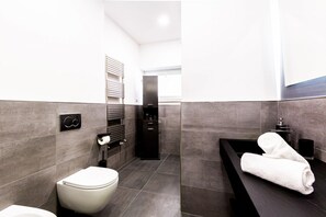 Shower, free toiletries, hair dryer, bidet