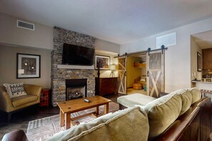 TV, fireplace, DVD player, table football