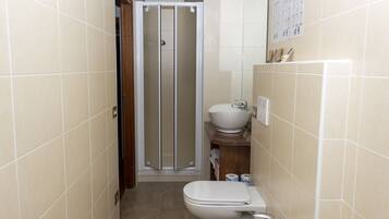 A bathroom with a toilet, bidet, and shower stall.