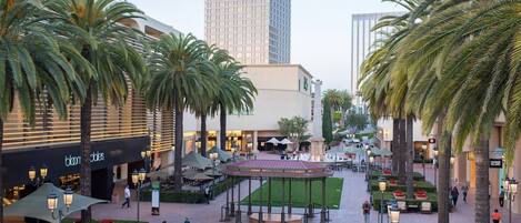 A plaza with palm trees, outdoor seating, and a fountain.