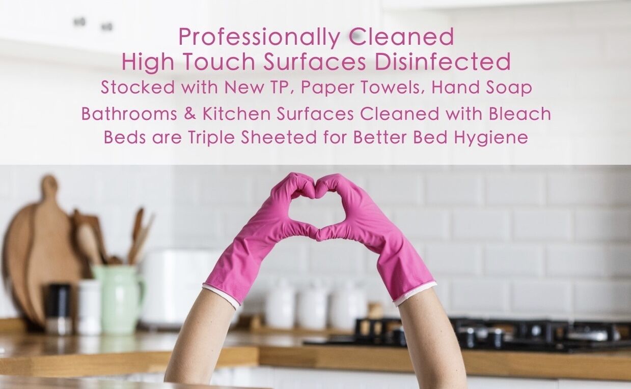 A kitchen with high-touch surfaces disinfected, new TP, paper towels, hand soap, and triple-sheathed beds for better hygiene.