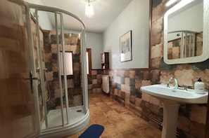 Shower, hair dryer, bidet, towels