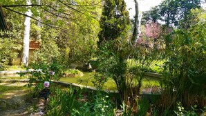 Un jardin paisible avec un étang, une végétation luxuriante et un bâtiment rustique en arrière-plan.