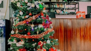 Een kerstboom versierd met versieringen en linten, omringd door cadeaudozen, in een kamer met een witte hekwerk.