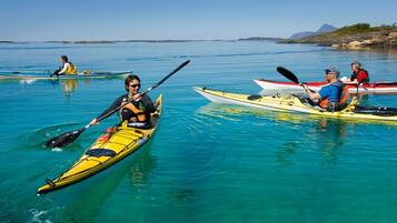 A group of people kayaking on a calm body of water with clear skies and distant mountains.