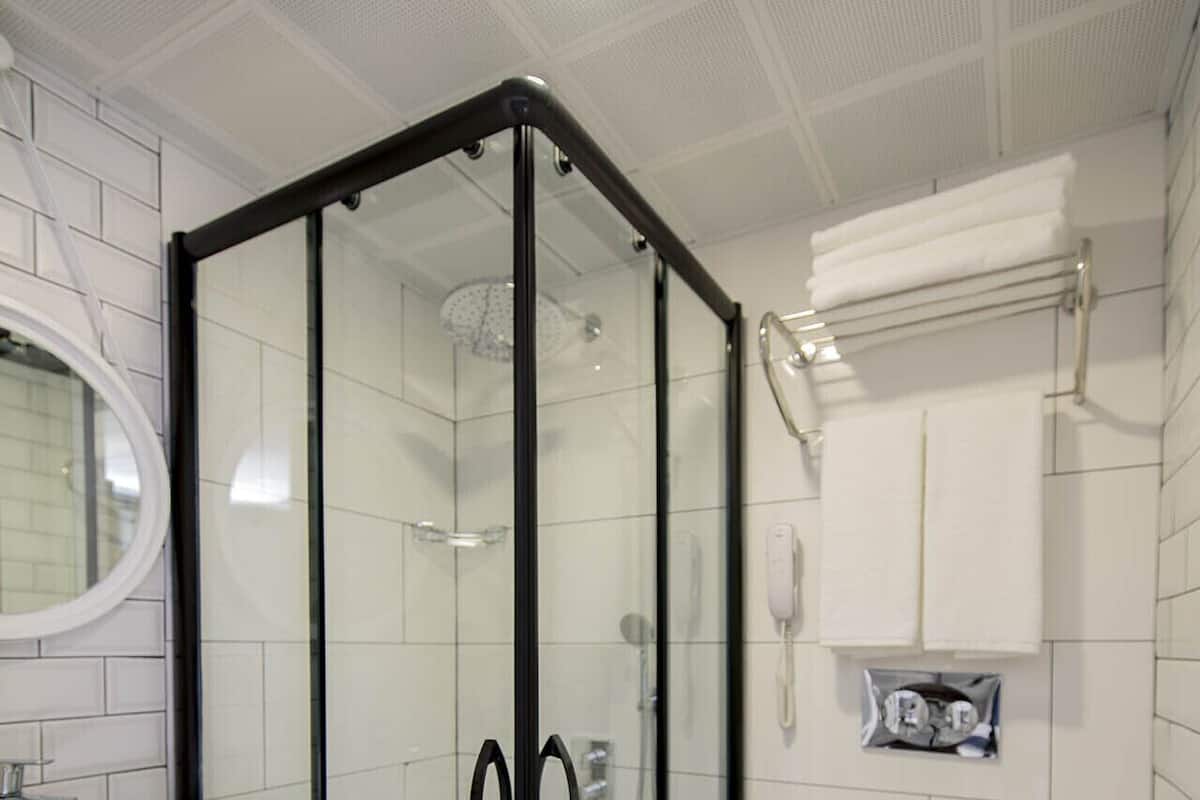 shower, designer toiletries, hair dryer, slippers