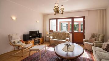 Een televisie, een open haard, een dvd-speler en een stereo