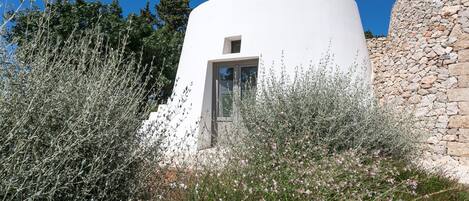 A white building with a small window, surrounded by dense vegetation and a stone wall.