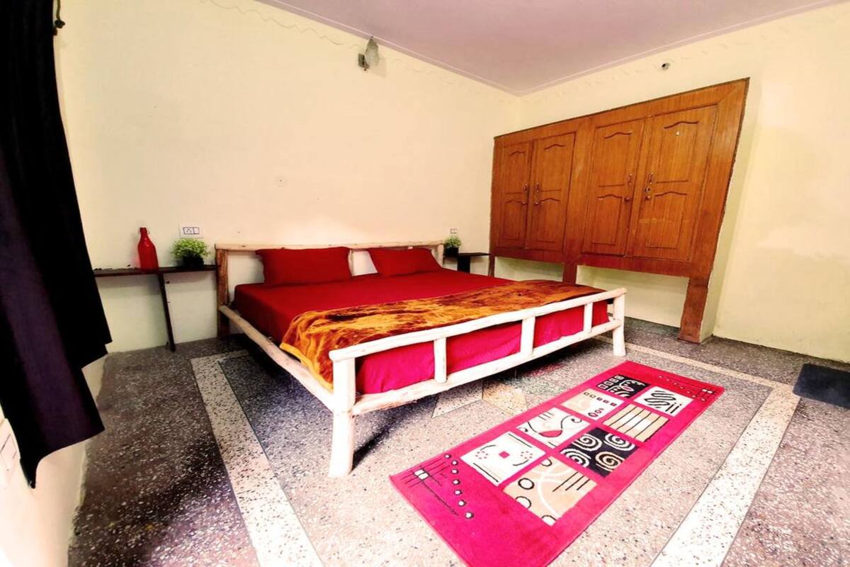 A bedroom with a bed, a wooden wardrobe, a red and white patterned rug, and a small plant on the nightstand.