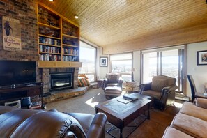 TV, fireplace, DVD player, books