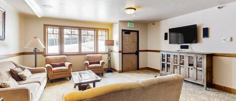 Televisio, takka, DVD-soitin, kirjoja