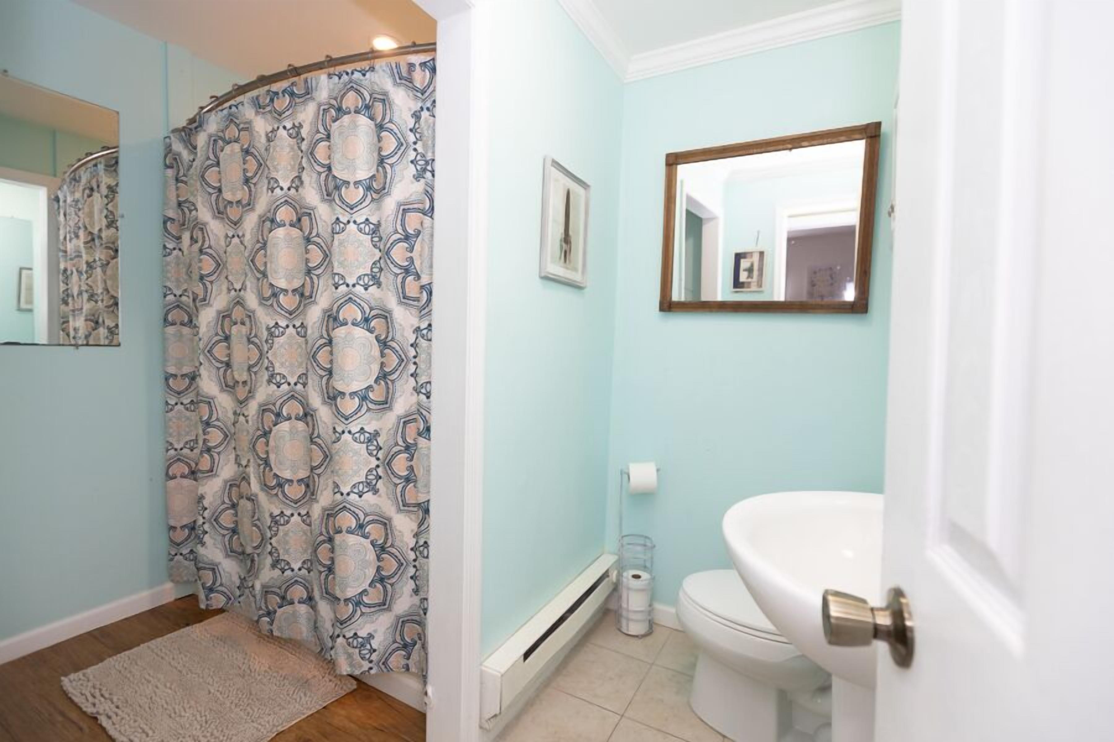 A bathroom with a patterned shower curtain, a toilet, a sink, and a mirror.