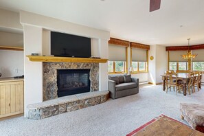 Televisión, chimenea, reproductor de DVD y estéreo 