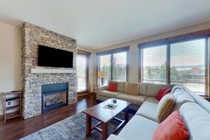 TV, fireplace, DVD player, table football