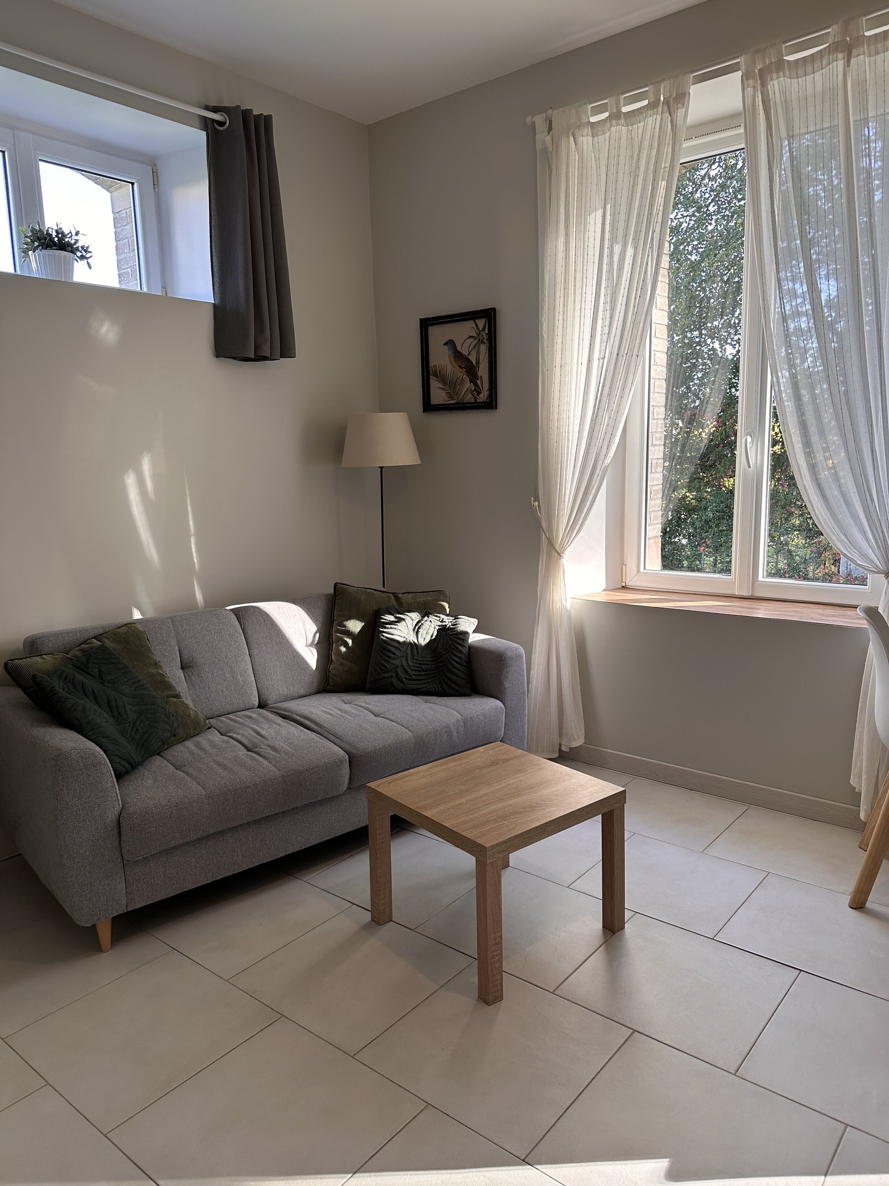 A living room with a grey sofa, a small wooden table, a floor lamp, and sheer curtains on a window.