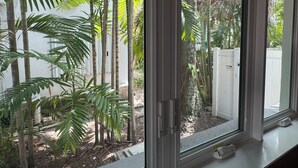 A view through a window with a view of a garden with tall trees and a white fence. - Rolo Beach Hotel (Fort Lauderdale)
