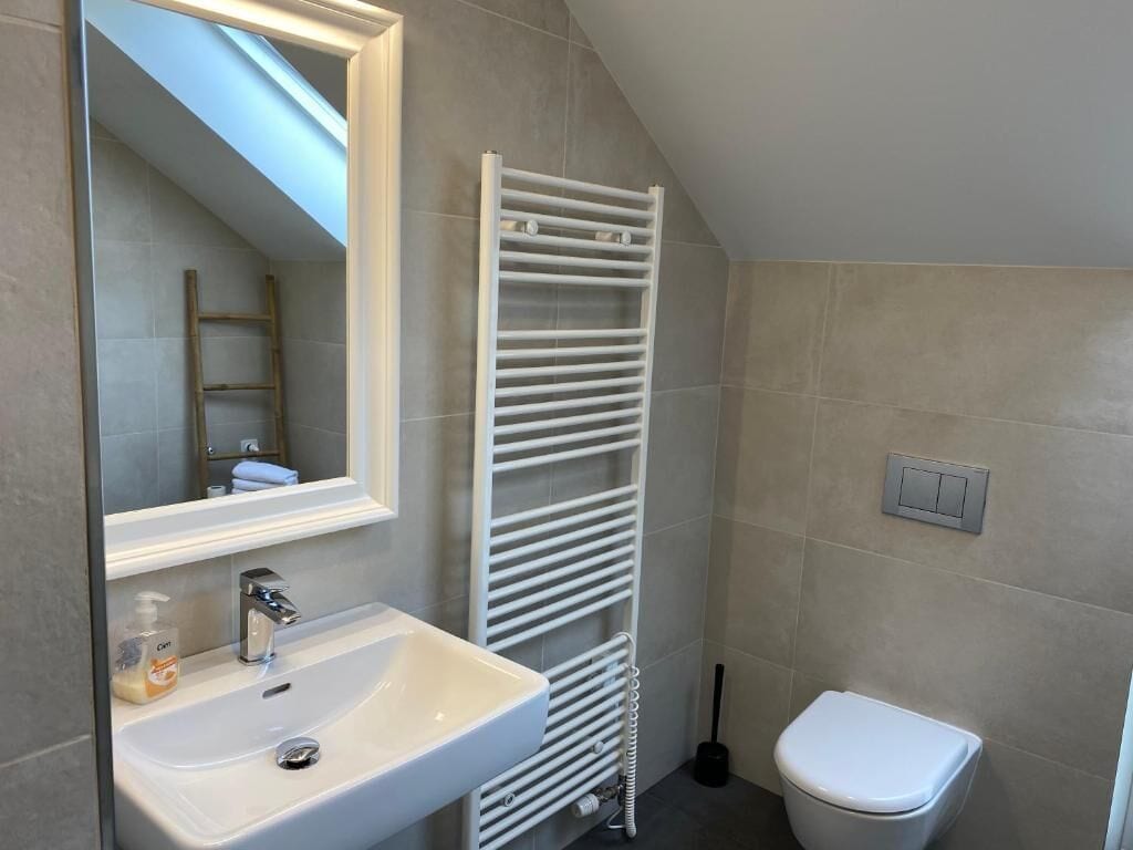 A bathroom with a white sink, mirror, and towel rack.