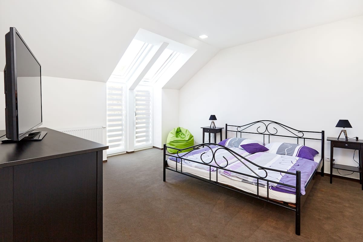 Un dormitorio con una cama, un televisor sobre un mueble, un sillón de mimbre verde y un escritorio con una lámpara.