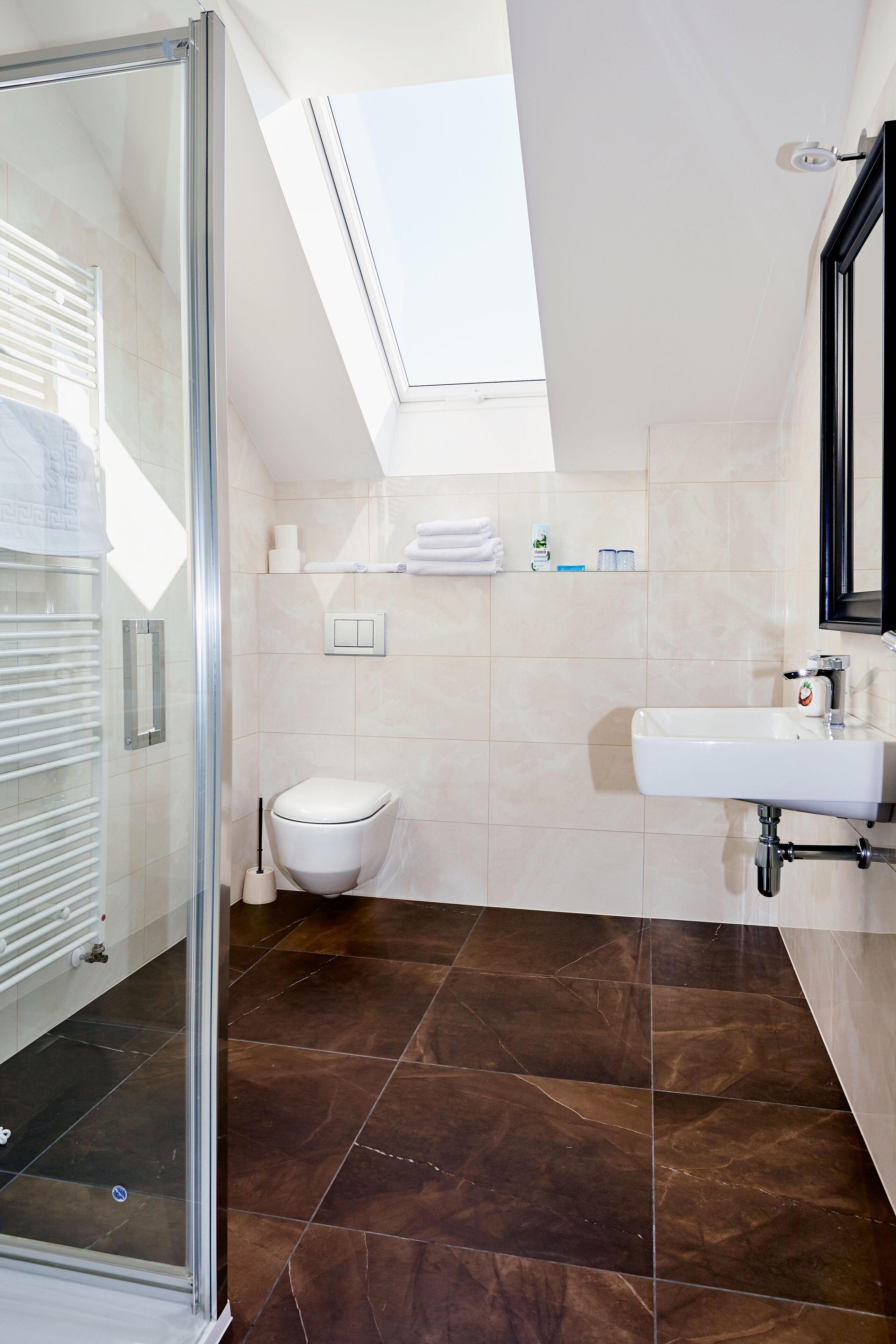 A modern bathroom with a glass shower enclosure, a white toilet, and a sink with a mirror.