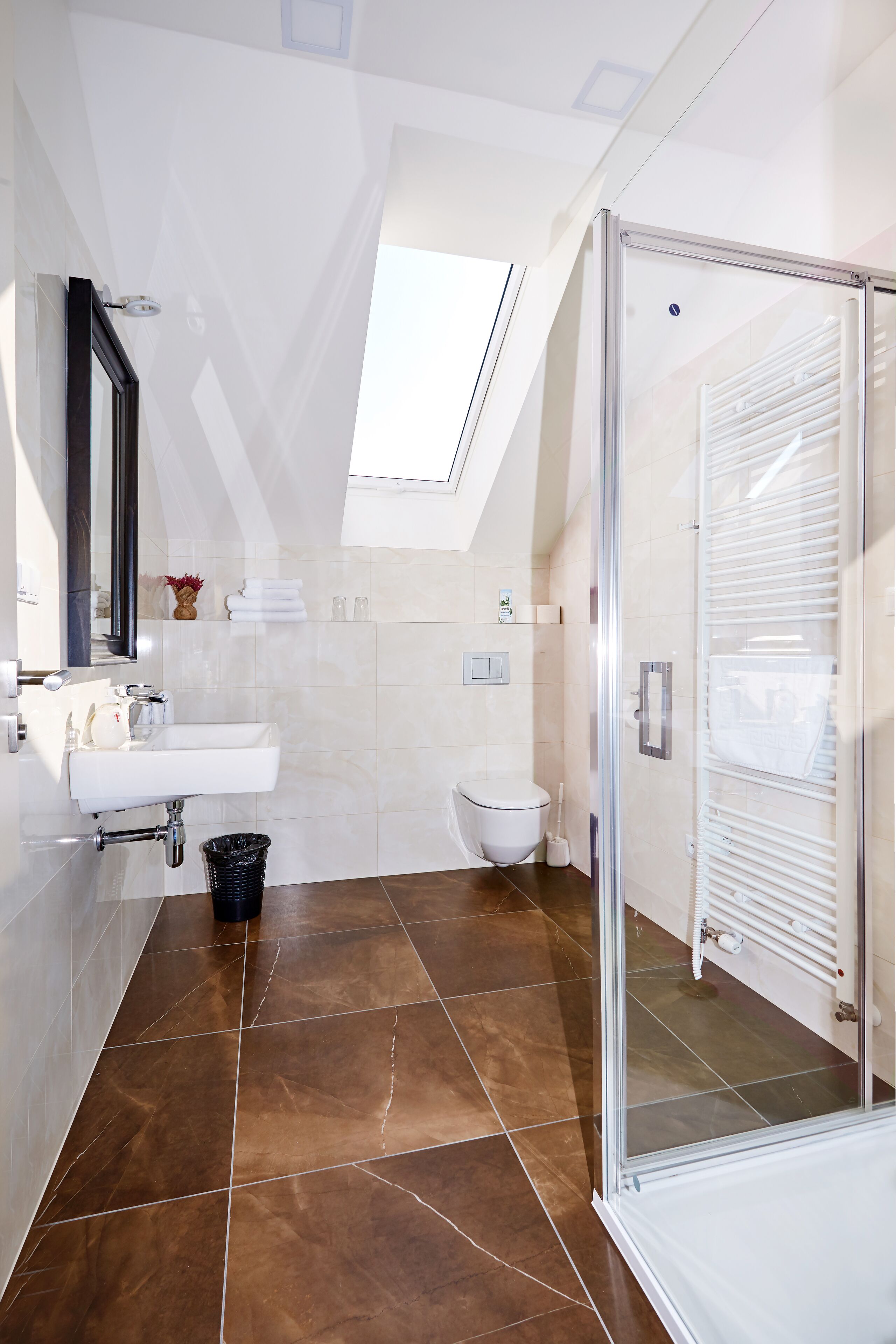 A modern bathroom with a skylight, a glass shower enclosure, and a white sink.