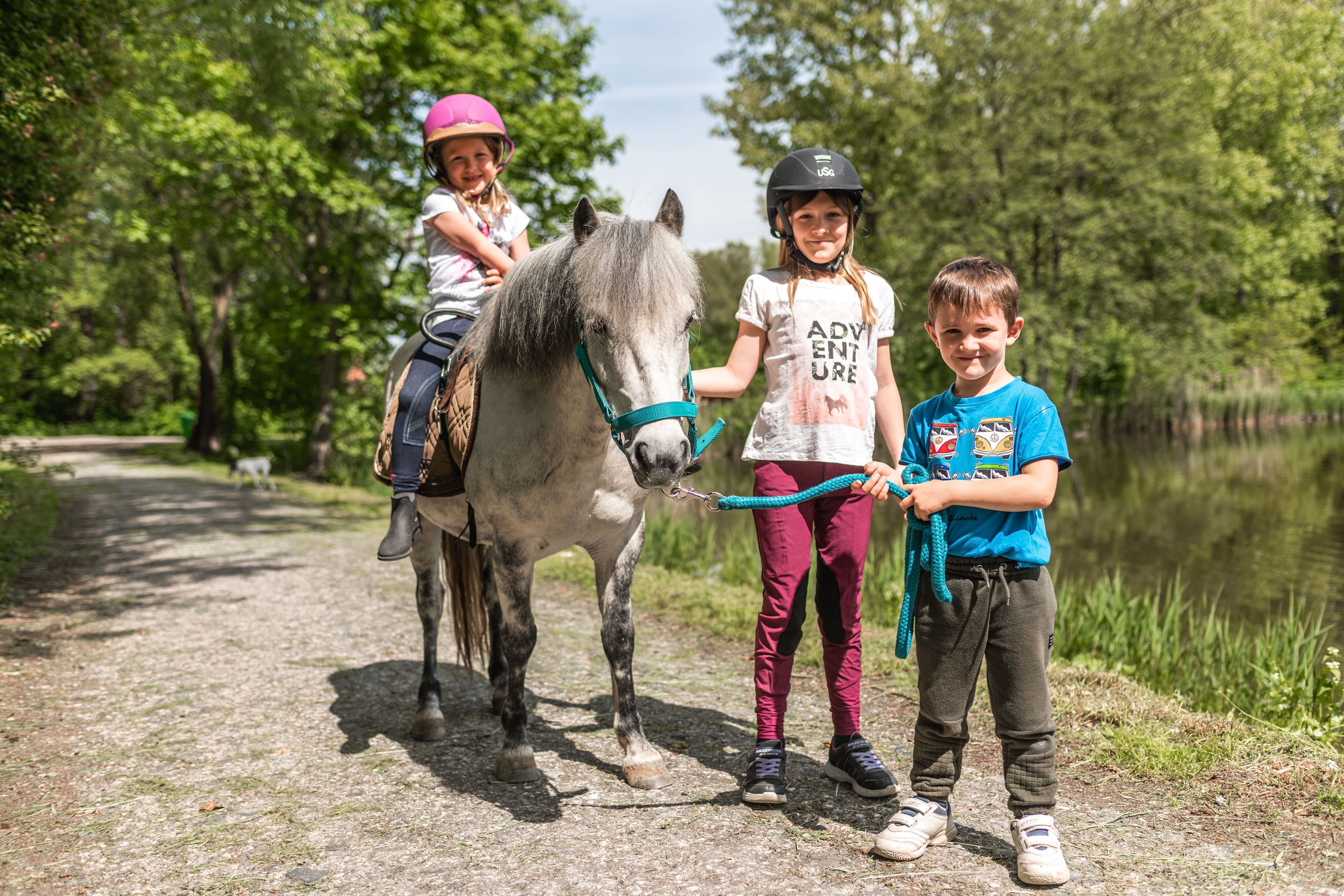 Un sendero con un caballo y dos niños, uno montado en el caballo y otro sujetando una cuerda.